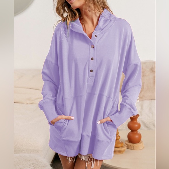 BiBi Tops - NEW BiBi Purple Half Snap Henley Neck Oversized Hoodie Hooded Sweatshirt